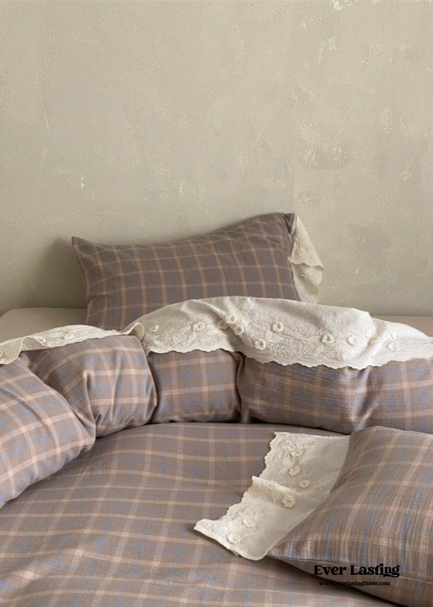 June Lace Double Gauze Gingham Bedding Set / Khaki