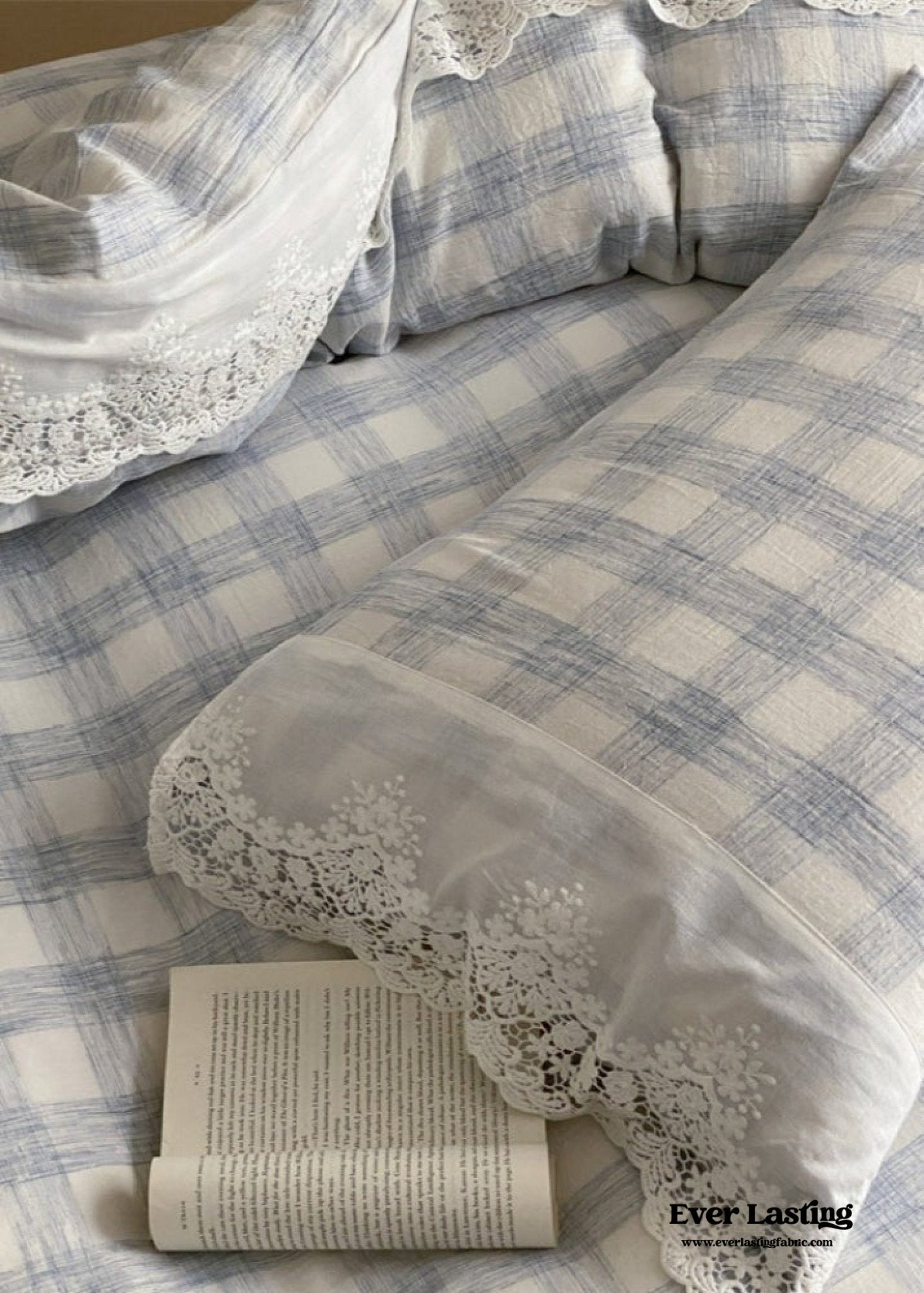 June Lace Double Gauze Gingham Bedding Set / Khaki