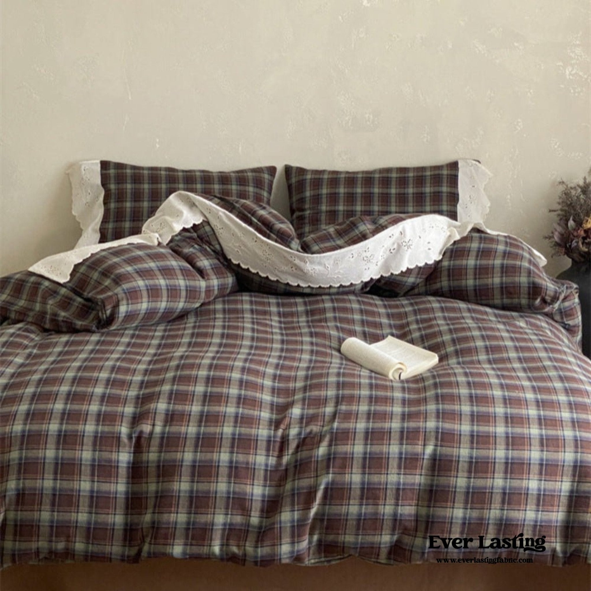 June Lace Double Gauze Gingham Bedding Set / Khaki