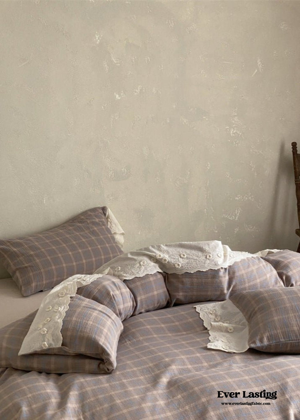 June Lace Double Gauze Gingham Bedding Set / Khaki