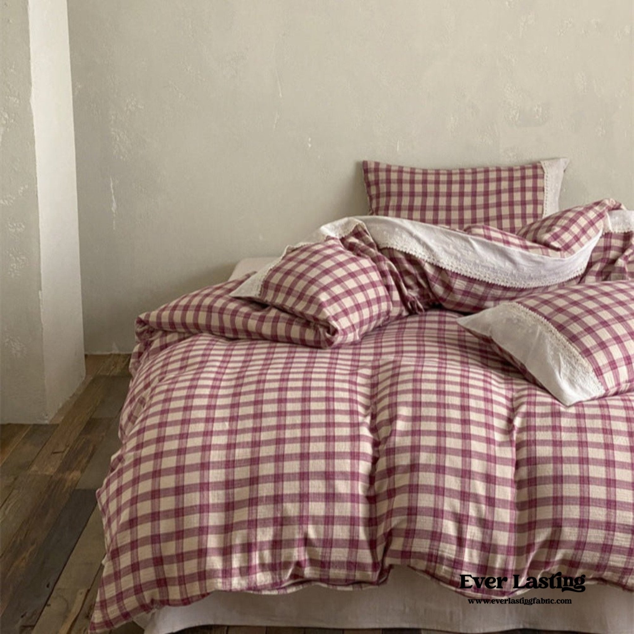 June Lace Double Gauze Gingham Bedding Set / Khaki