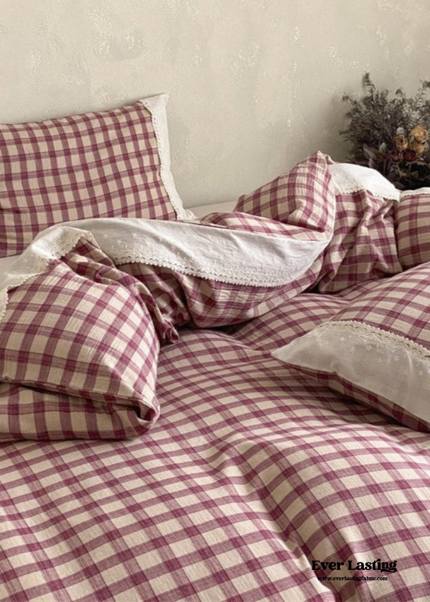 June Lace Double Gauze Gingham Bedding Set / Khaki