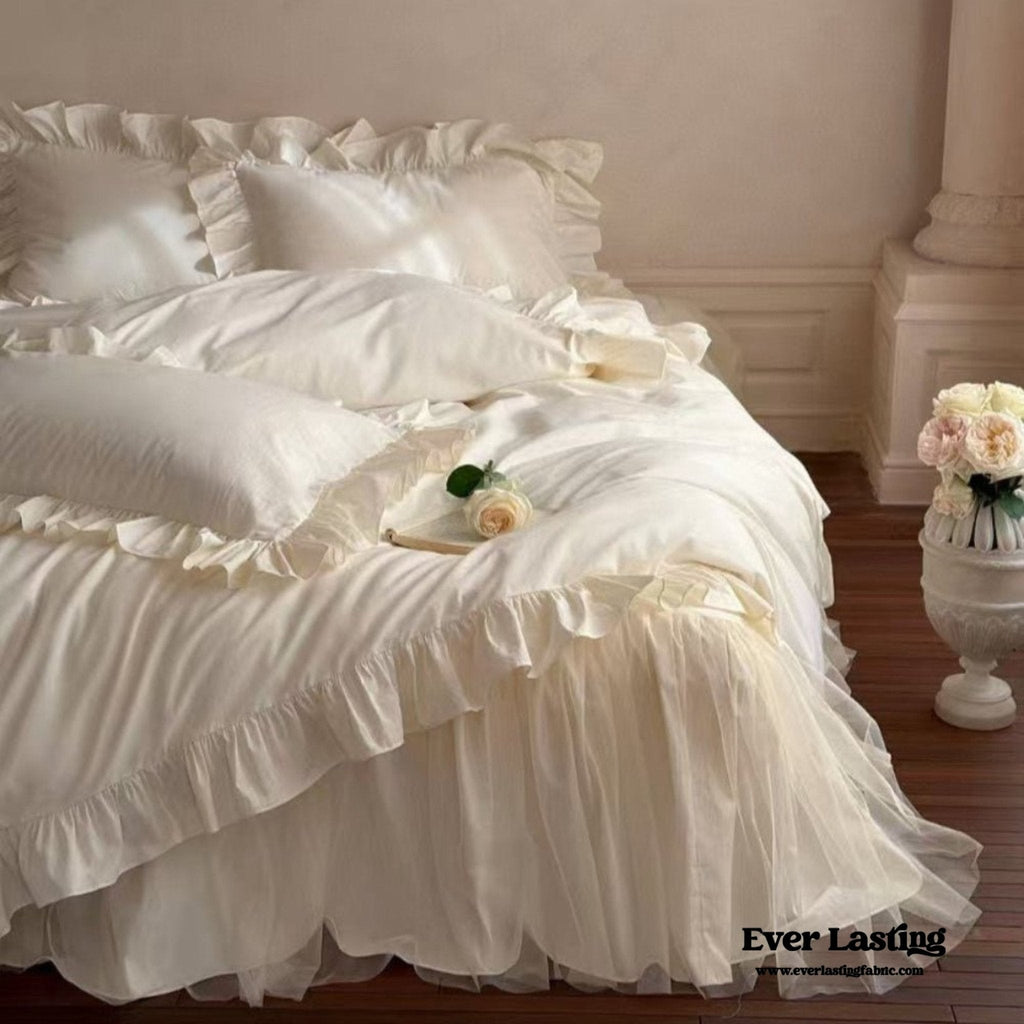 Lacey Lace Ruffle Washed Cotton Bedding Set / White