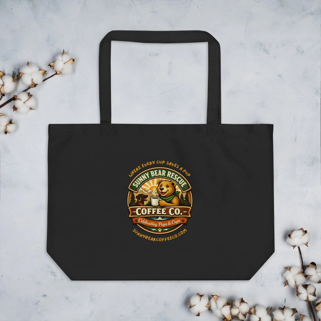 Large Organic Sunny Bear Rescue Coffee Co. Tote Bag (Black)