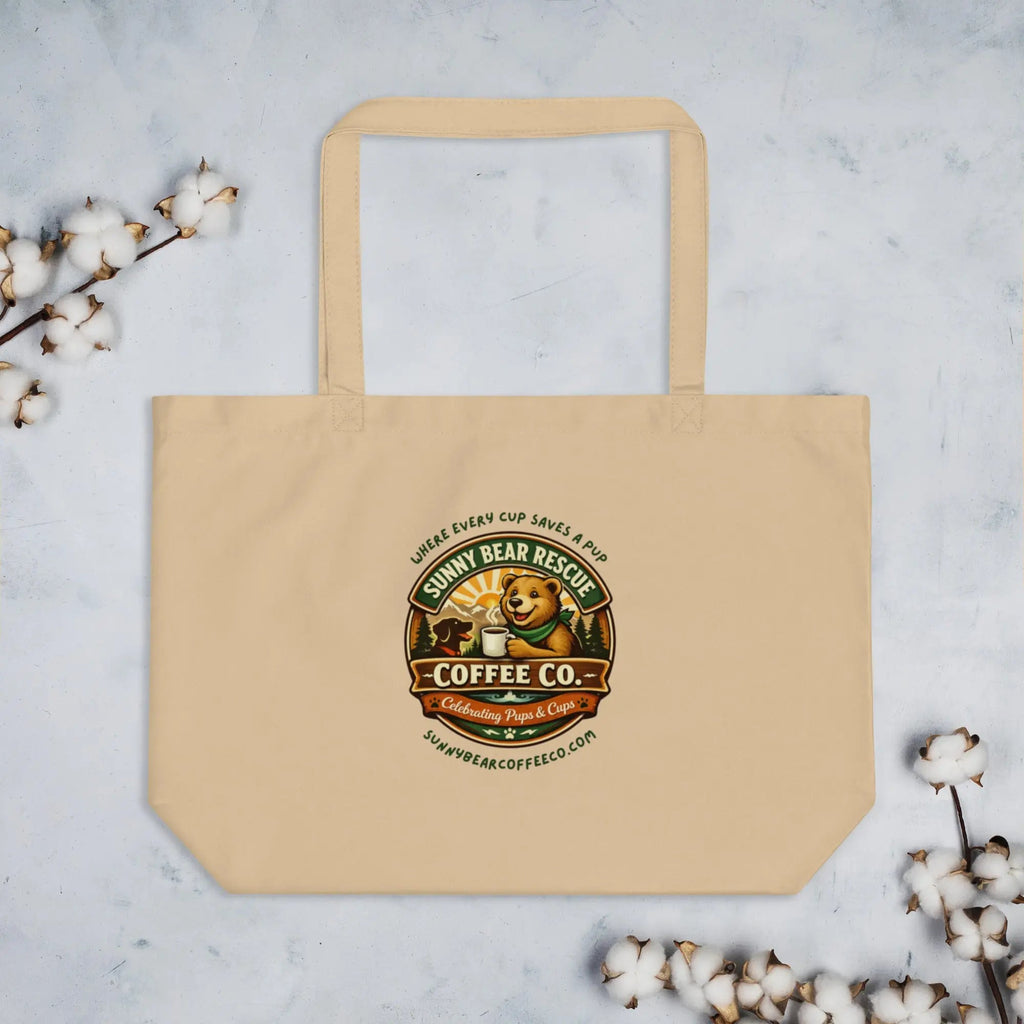 Large Organic Sunny Bear Rescue Coffee Co. Tote Bag (Tan)