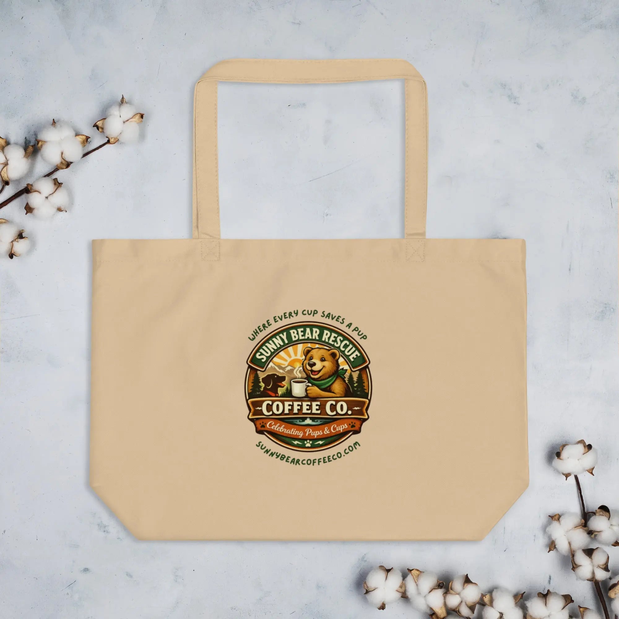 Large Organic Sunny Bear Rescue Coffee Co. Tote Bag (Tan)