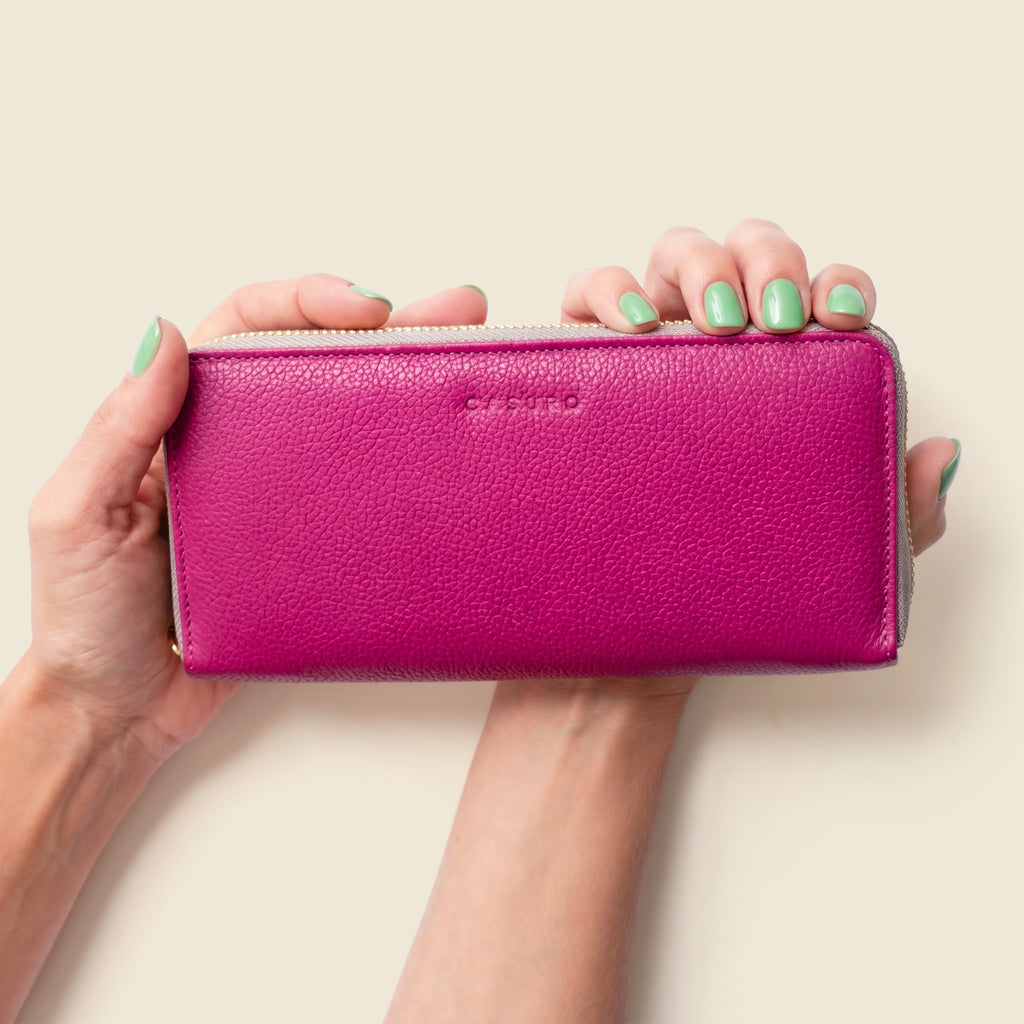 Large Zipper Wallet with Detachable Key Ring - Pink