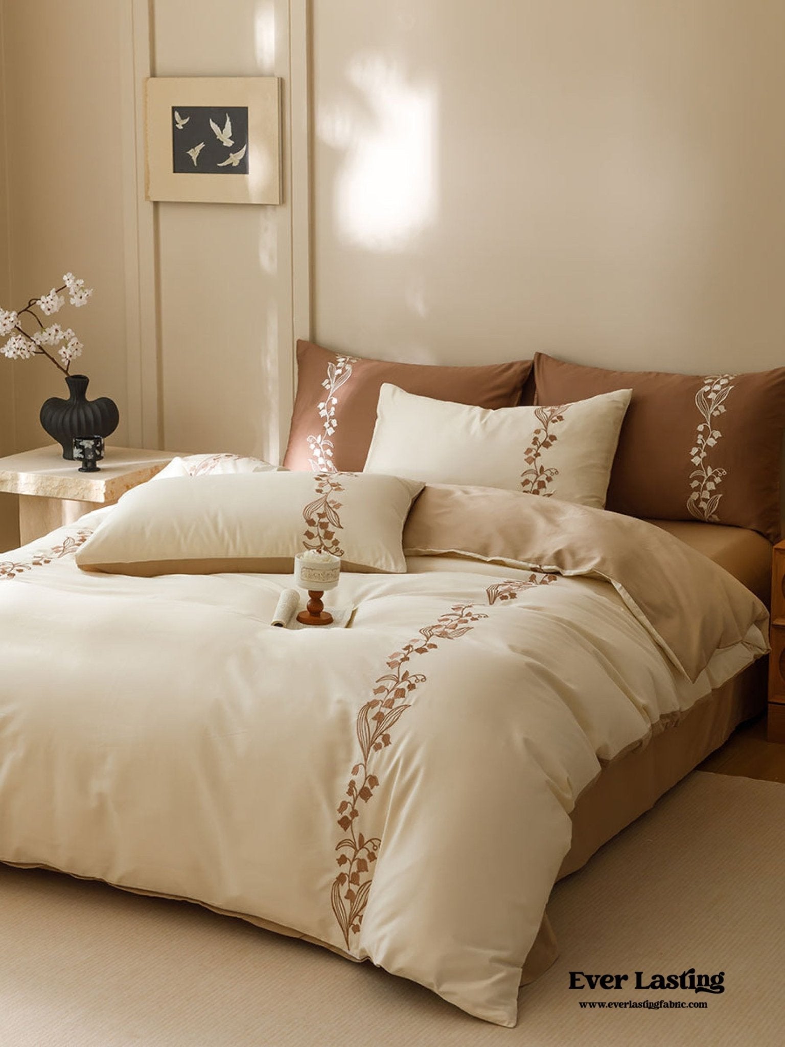 Lily of the Valley Embroidered Silky Bedding Set / Cream