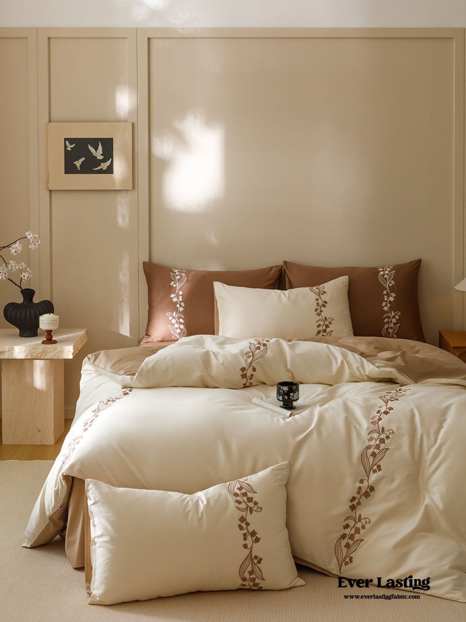 Lily of the Valley Embroidered Silky Bedding Set / Cream