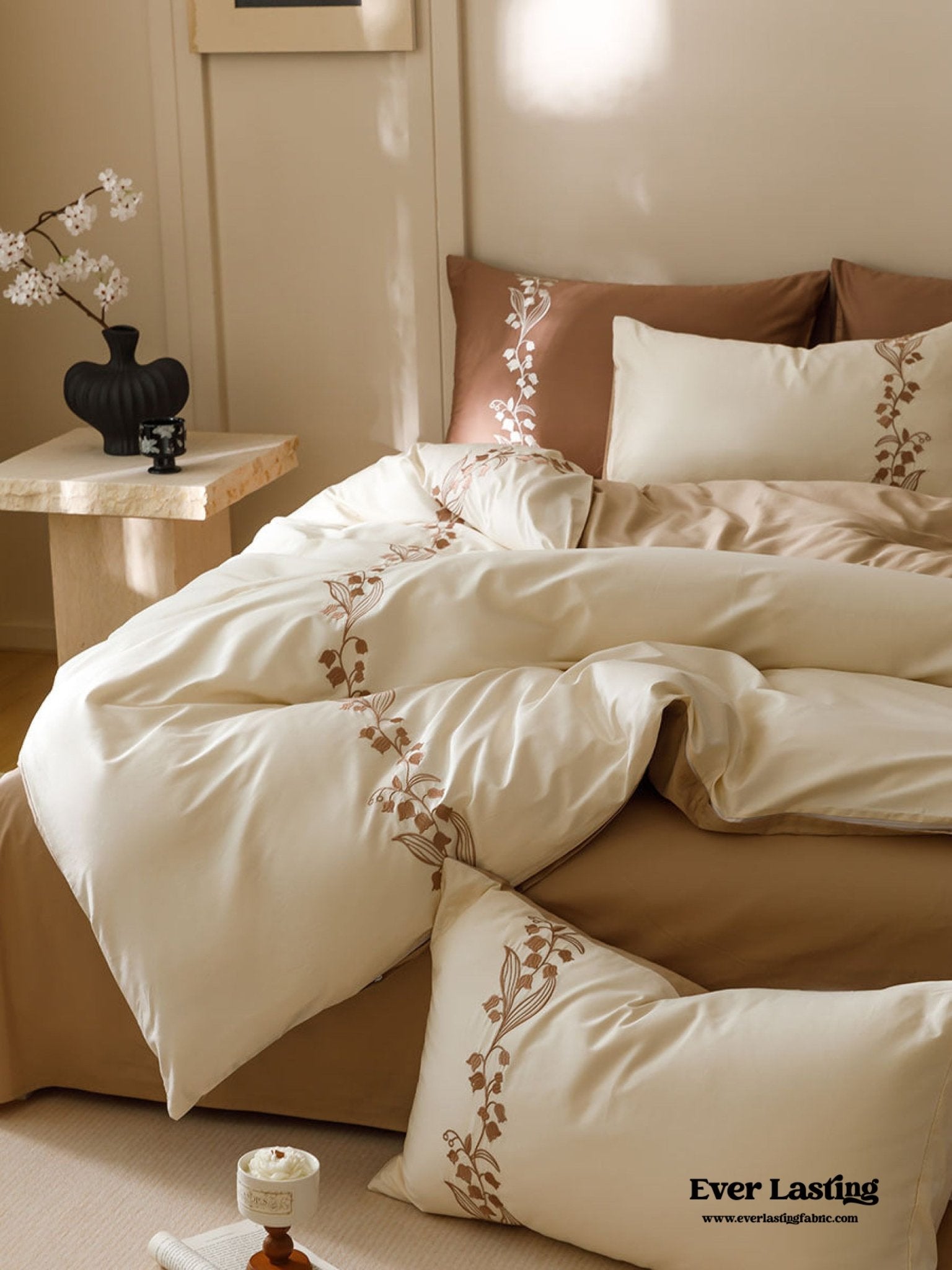 Lily of the Valley Embroidered Silky Bedding Set / Cream