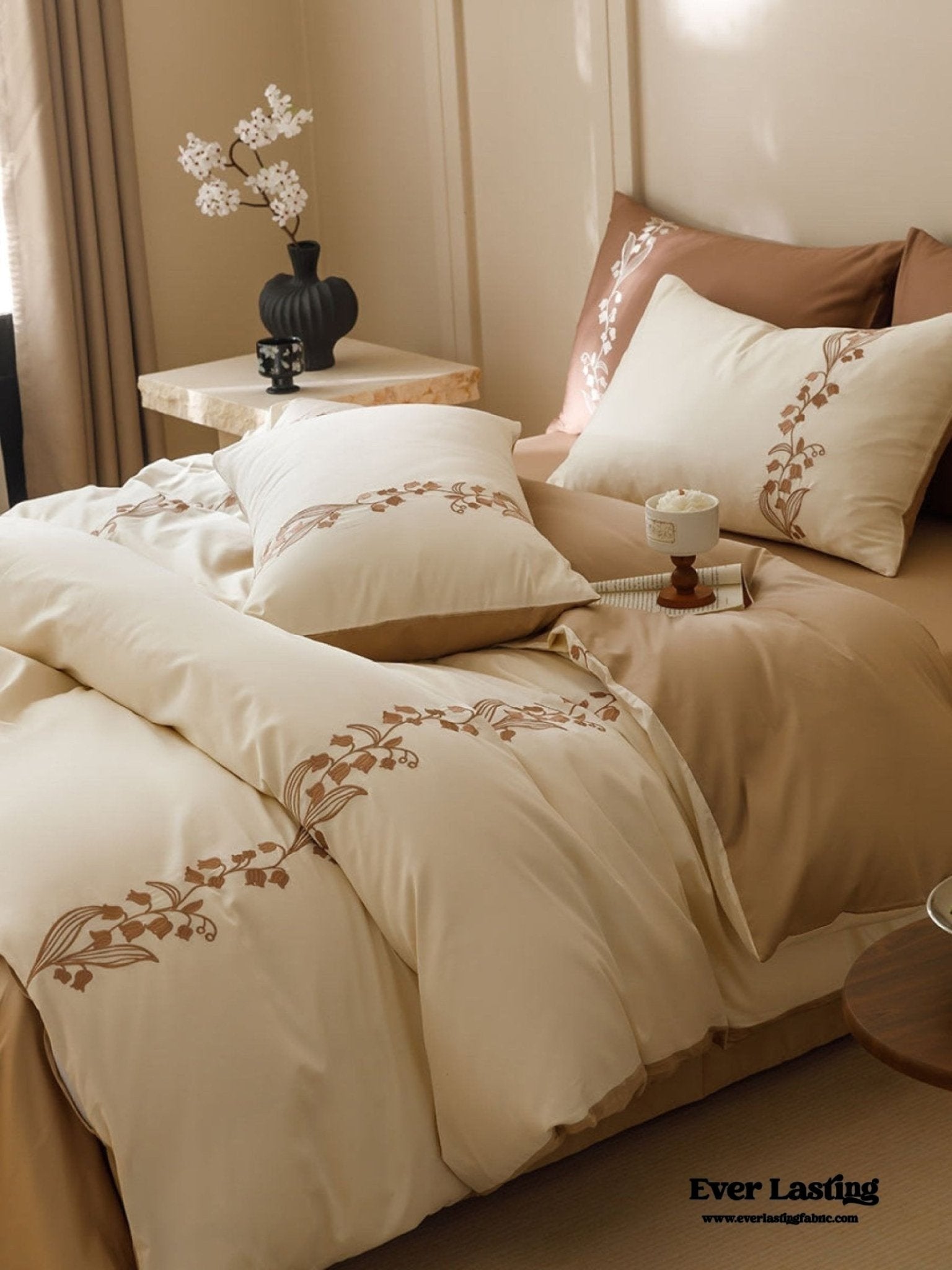 Lily of the Valley Embroidered Silky Bedding Set / Pink