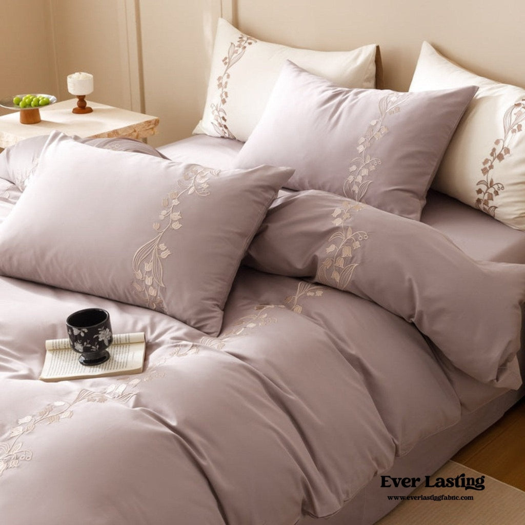 Lily of the Valley Embroidered Silky Bedding Set / Purple