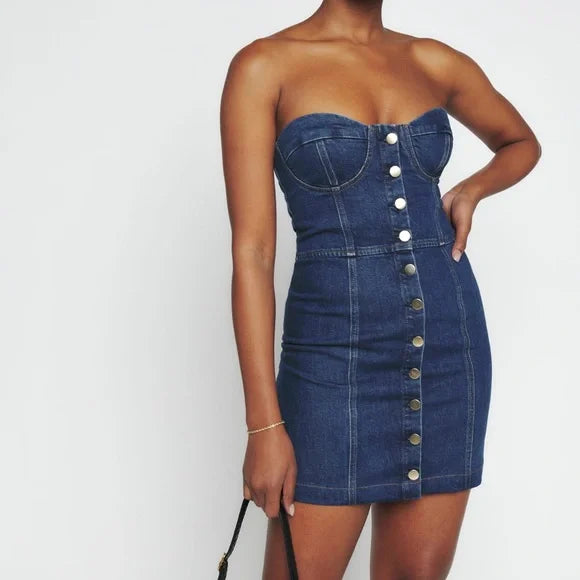 Reformation Nikki Strapless Bustier Denim Mini Dress, Size 10