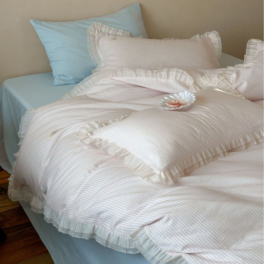 Mabel Lace Double Gauze Striped Bedding Set / Blue
