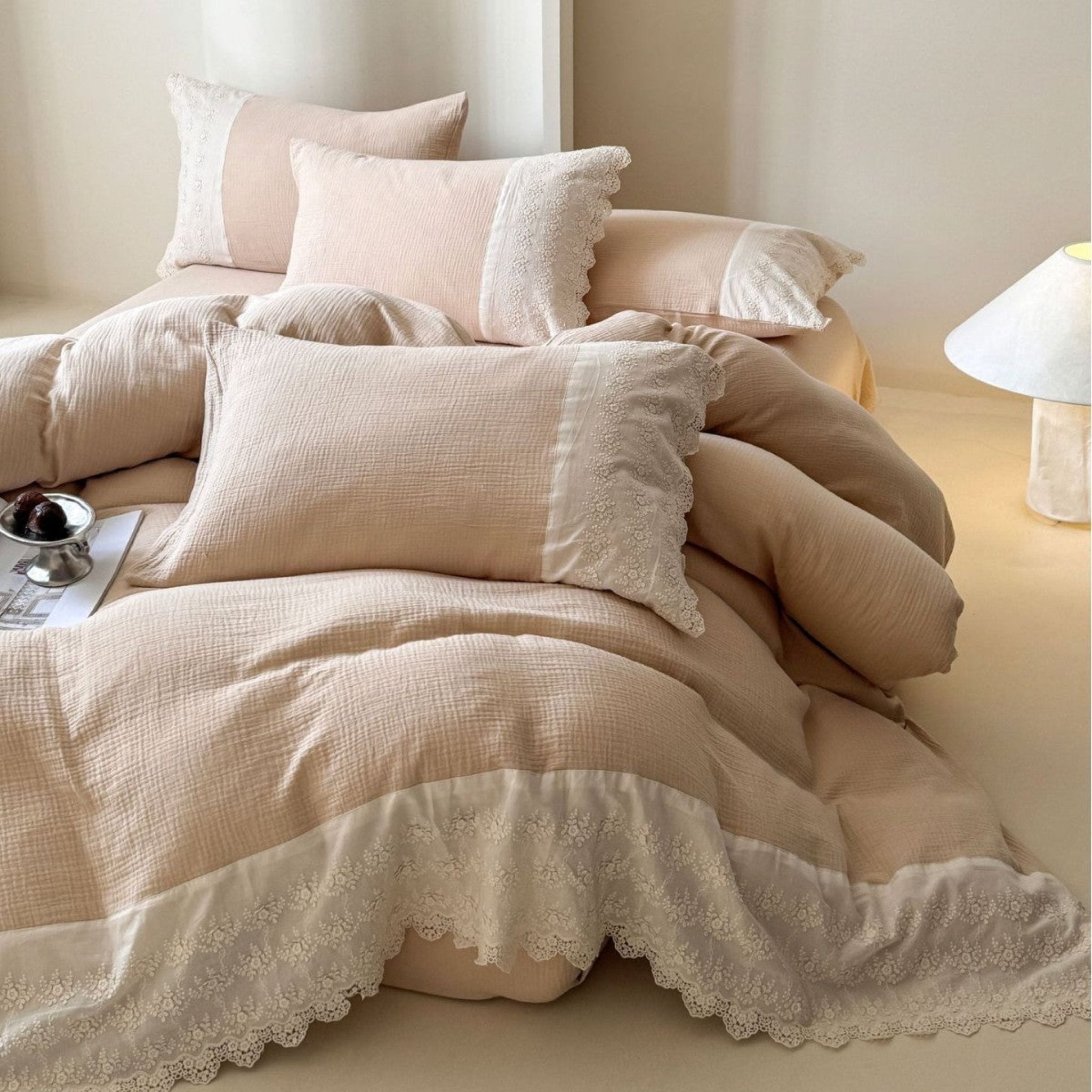 Margaux Lace Double Gauze Bedding Set / Beige Brown