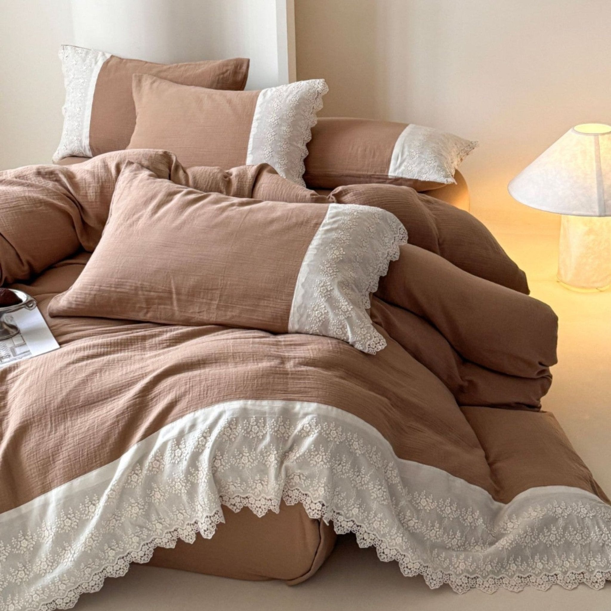 Margaux Lace Double Gauze Bedding Set / Chocolate Brown