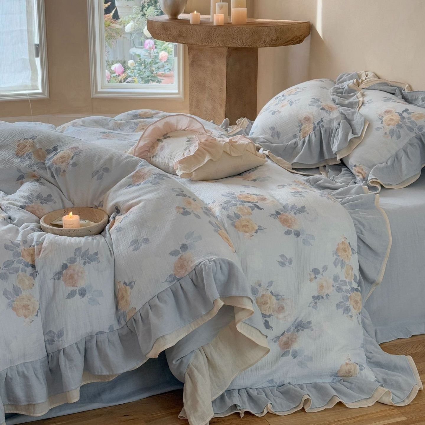 Millie Lace Ruffle Floral Bedding Set / Beige