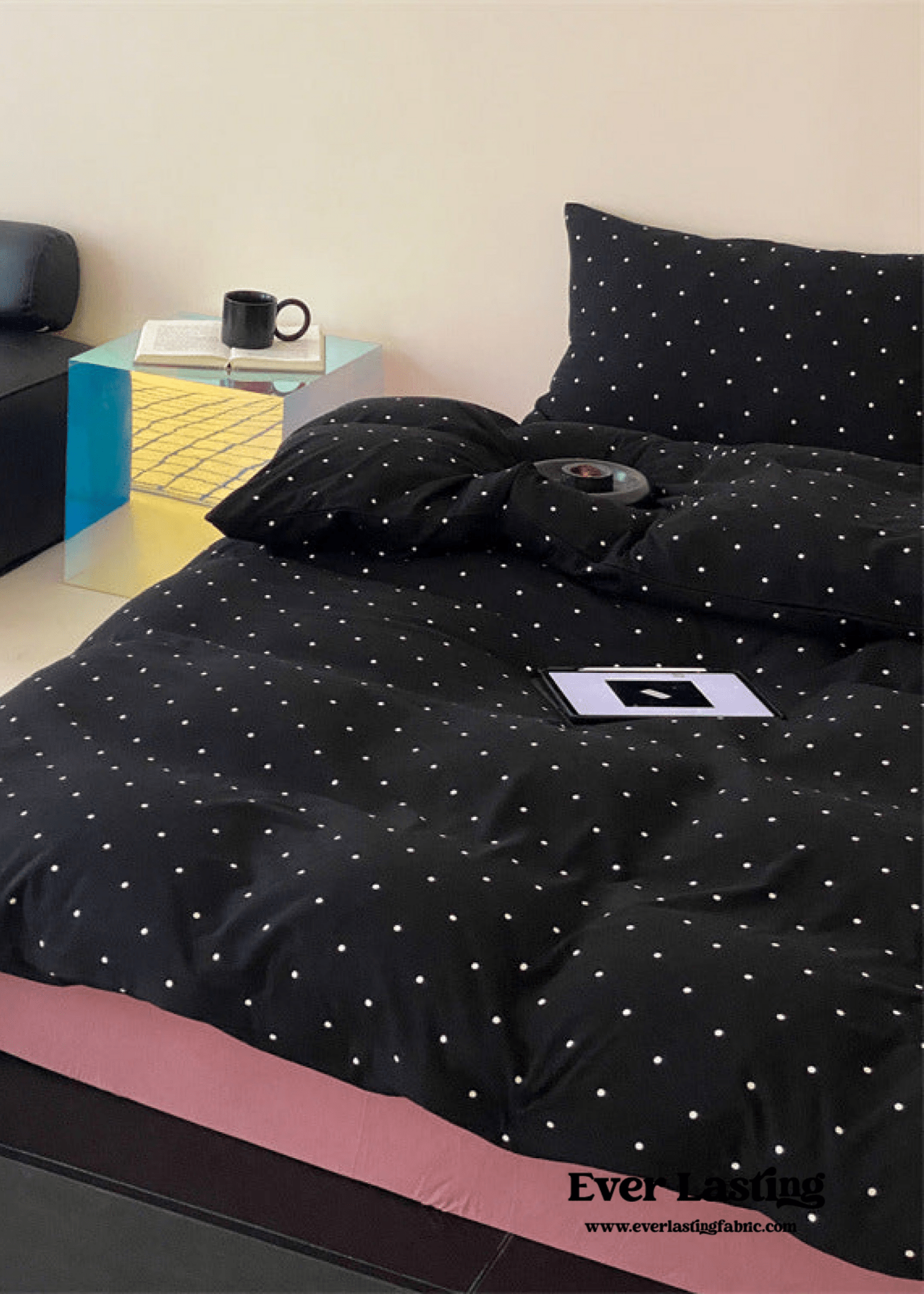 Mini Polka Dot Jersey Knit Bedding Set / Black + Pink