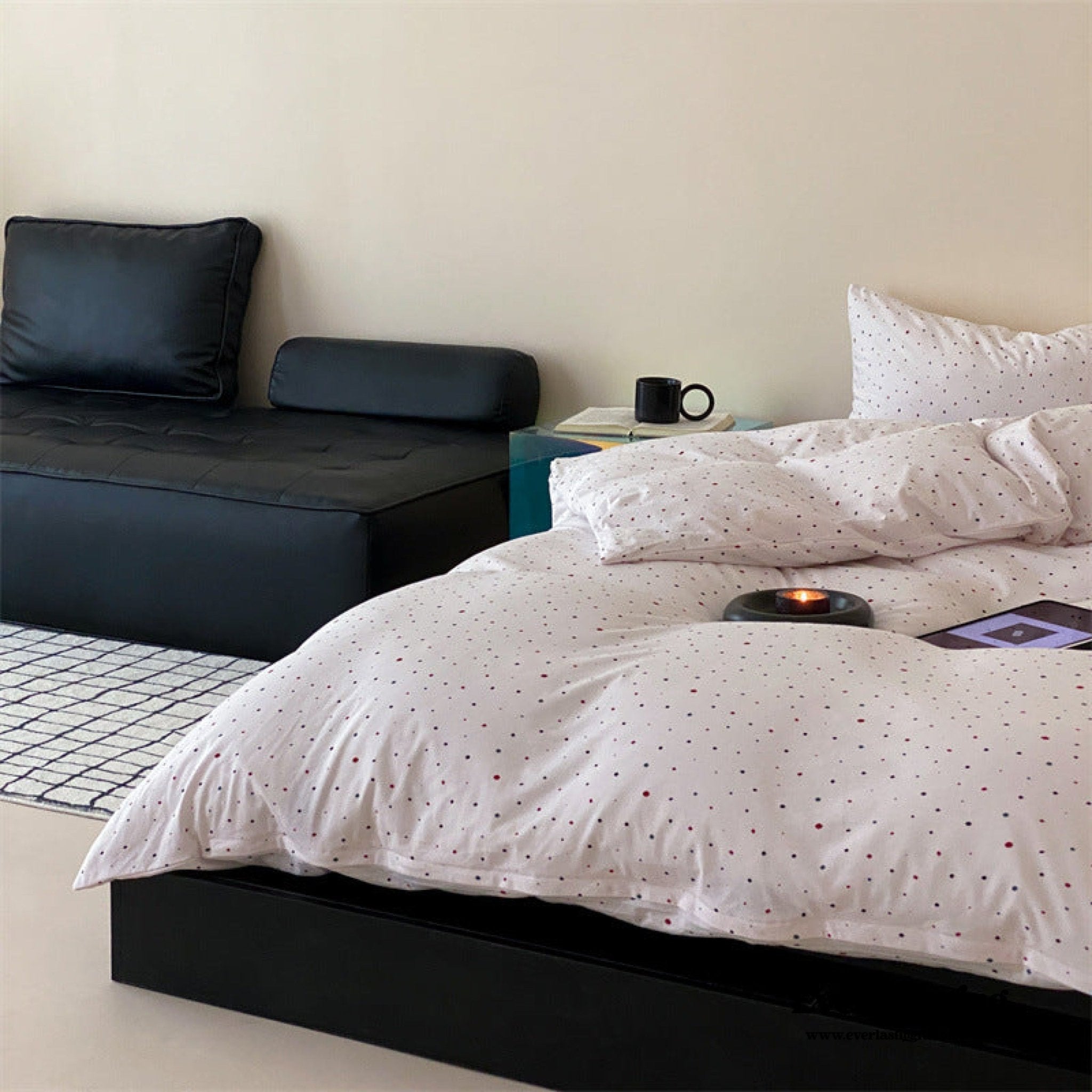 Mini Polka Dot Jersey Knit Bedding Set / Black + Pink