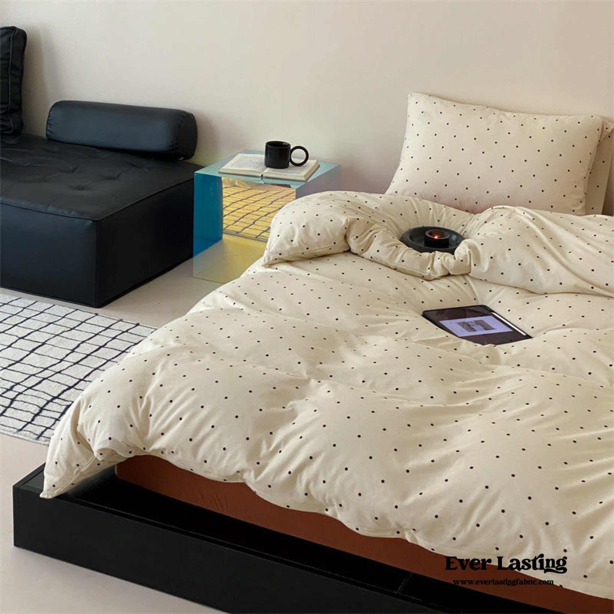 Mini Polka Dot Jersey Knit Bedding Set / Black + Pink