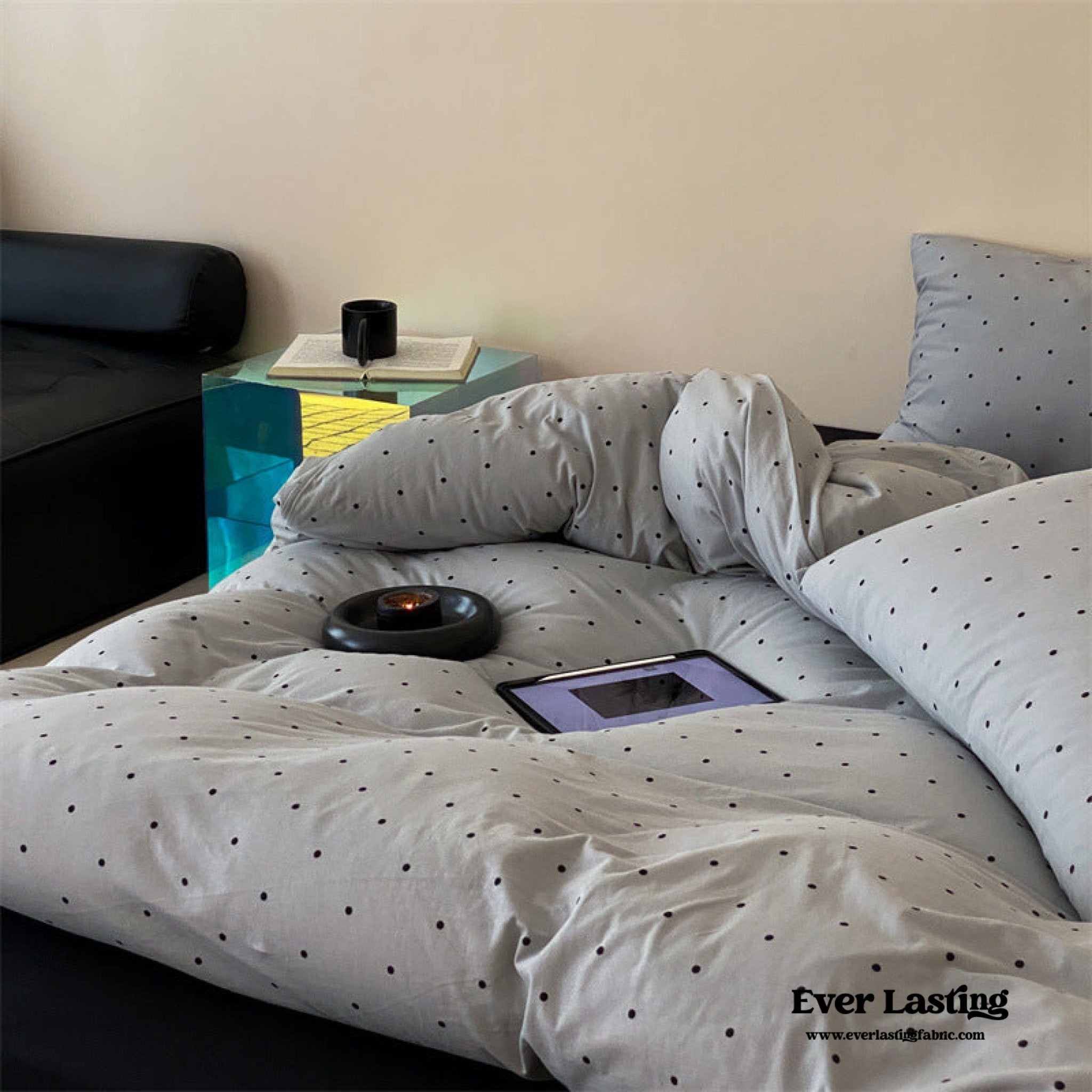 Mini Polka Dot Jersey Knit Bedding Set / Black + Pink
