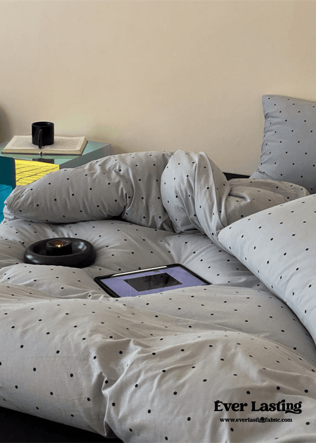 Mini Polka Dot Jersey Knit Bedding Set / Blue + Black
