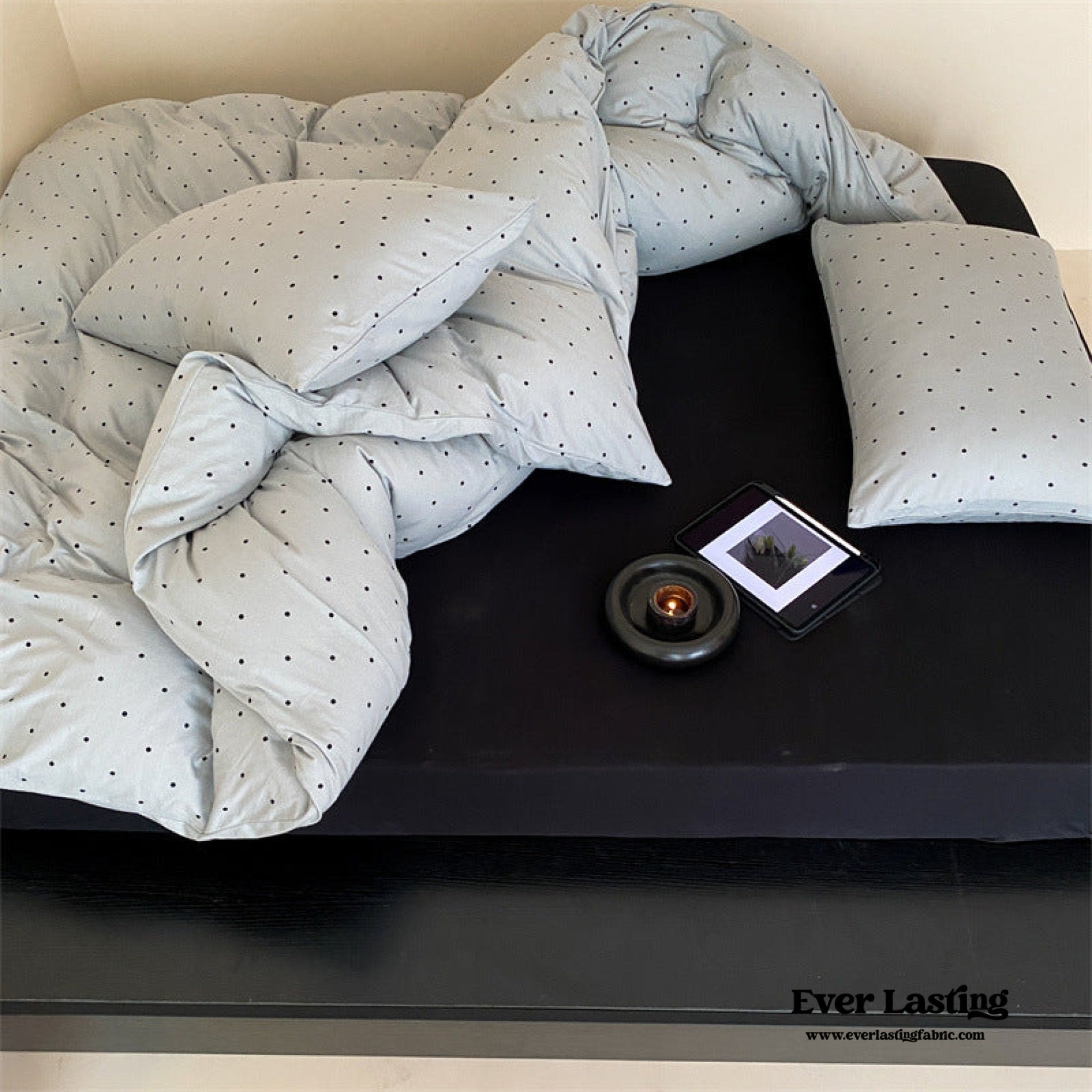 Mini Polka Dot Jersey Knit Bedding Set / Blue + Black