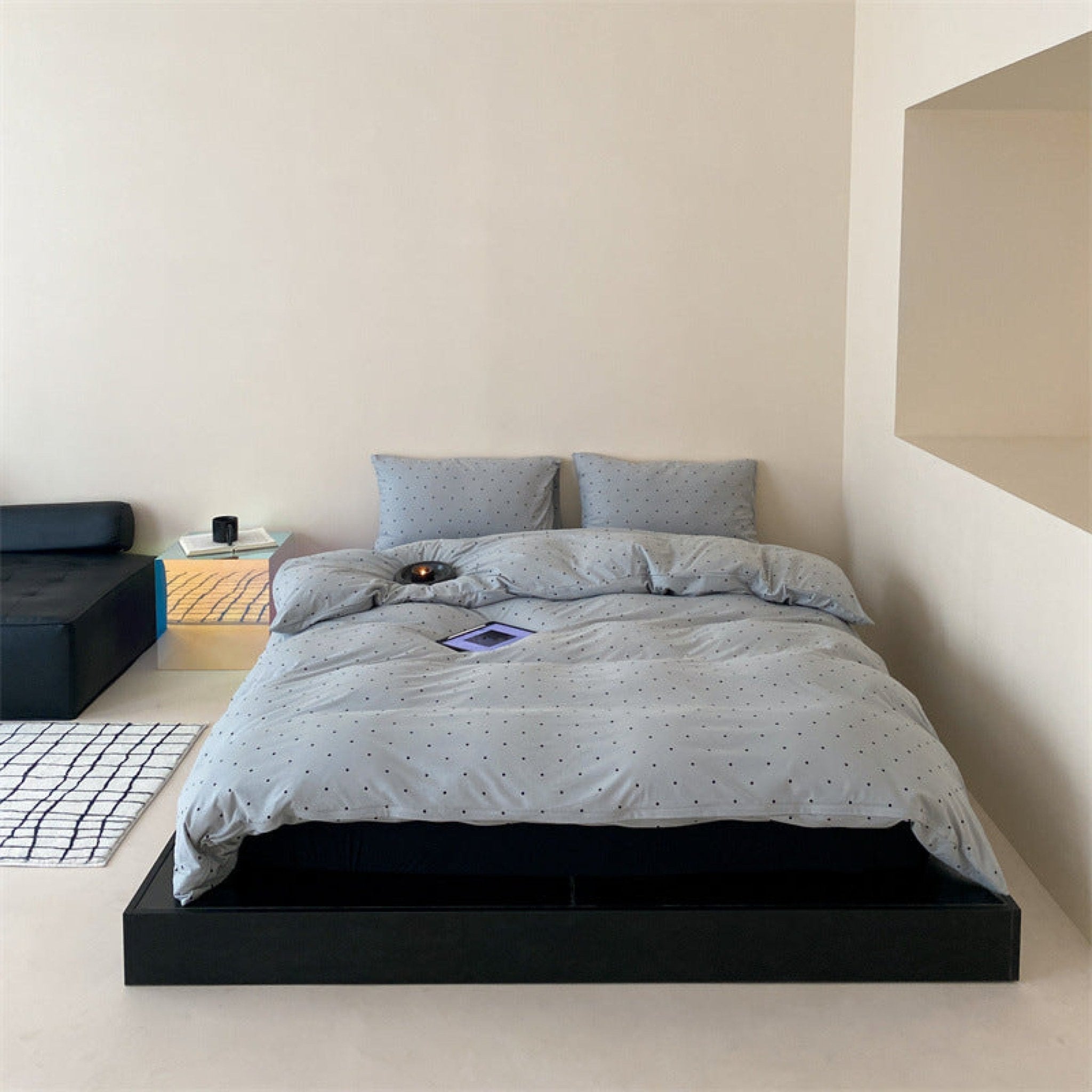Mini Polka Dot Jersey Knit Bedding Set / Blue + Black