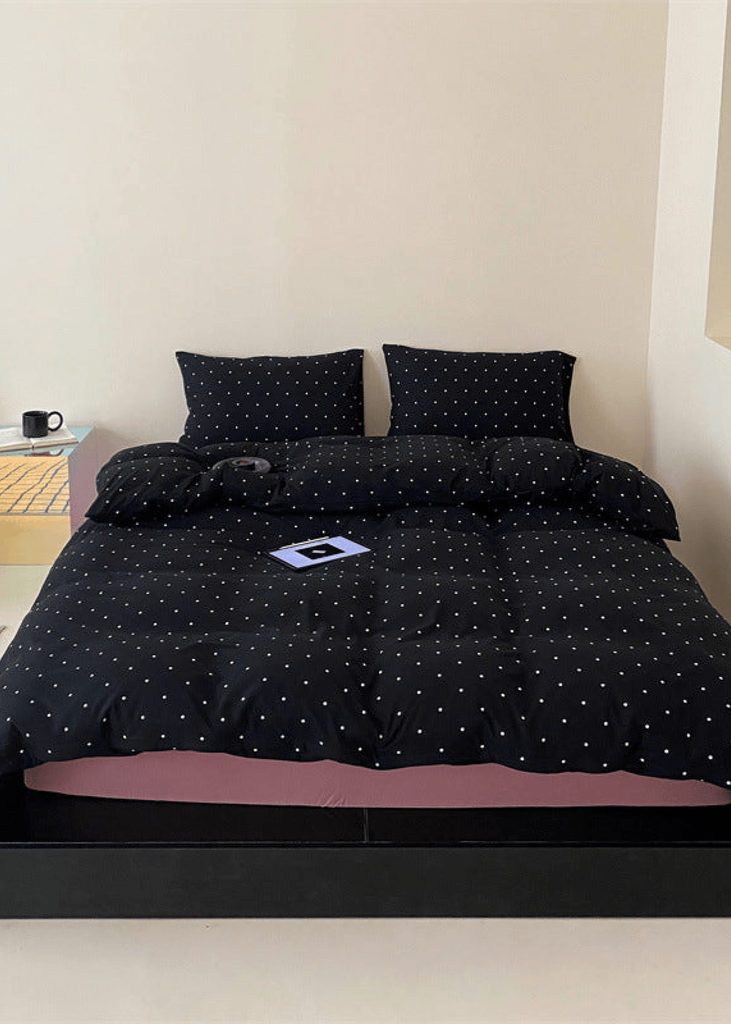 Mini Polka Dot Jersey Knit Bedding Set / Blue + Black