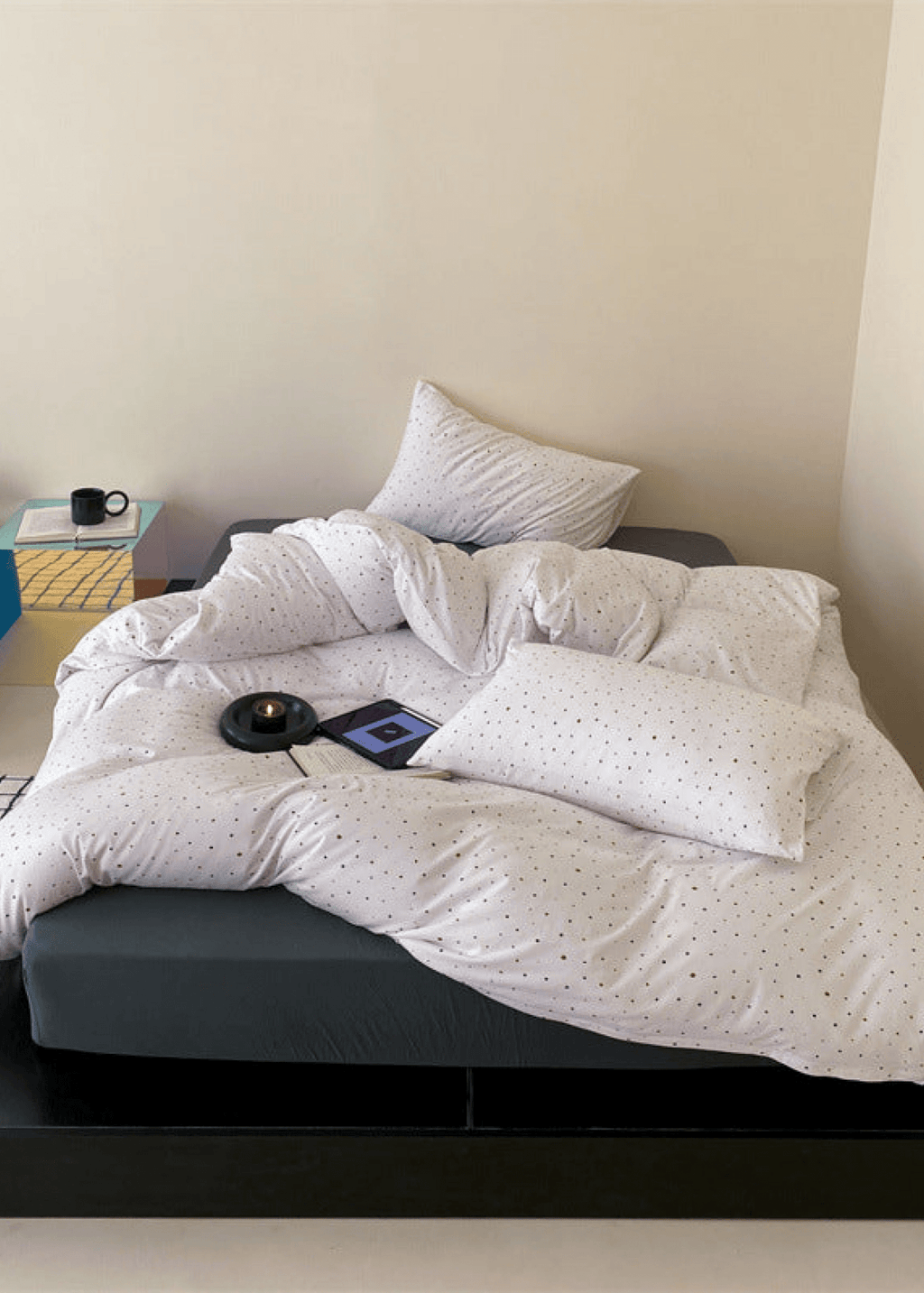 Mini Polka Dot Jersey Knit Bedding Set / Blue + Black
