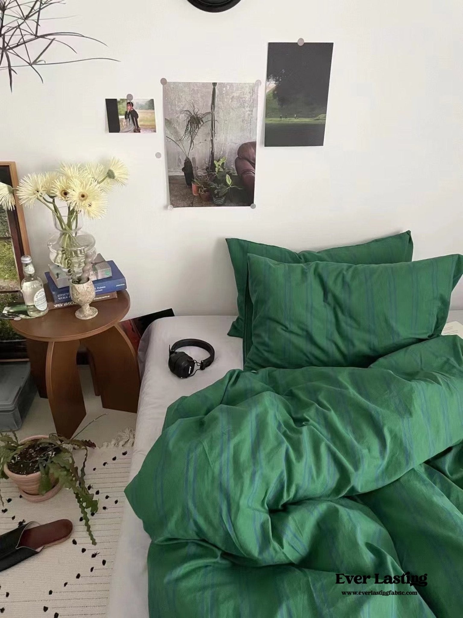 Minimal Vintage Stripe Bedding Set / Forest Green