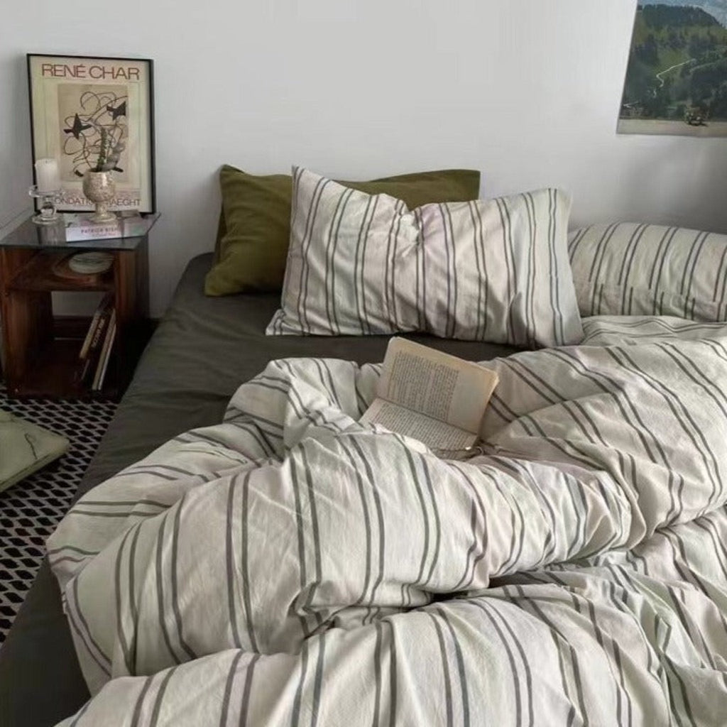 Minimal Vintage Stripe Bedding Set / Olive Green
