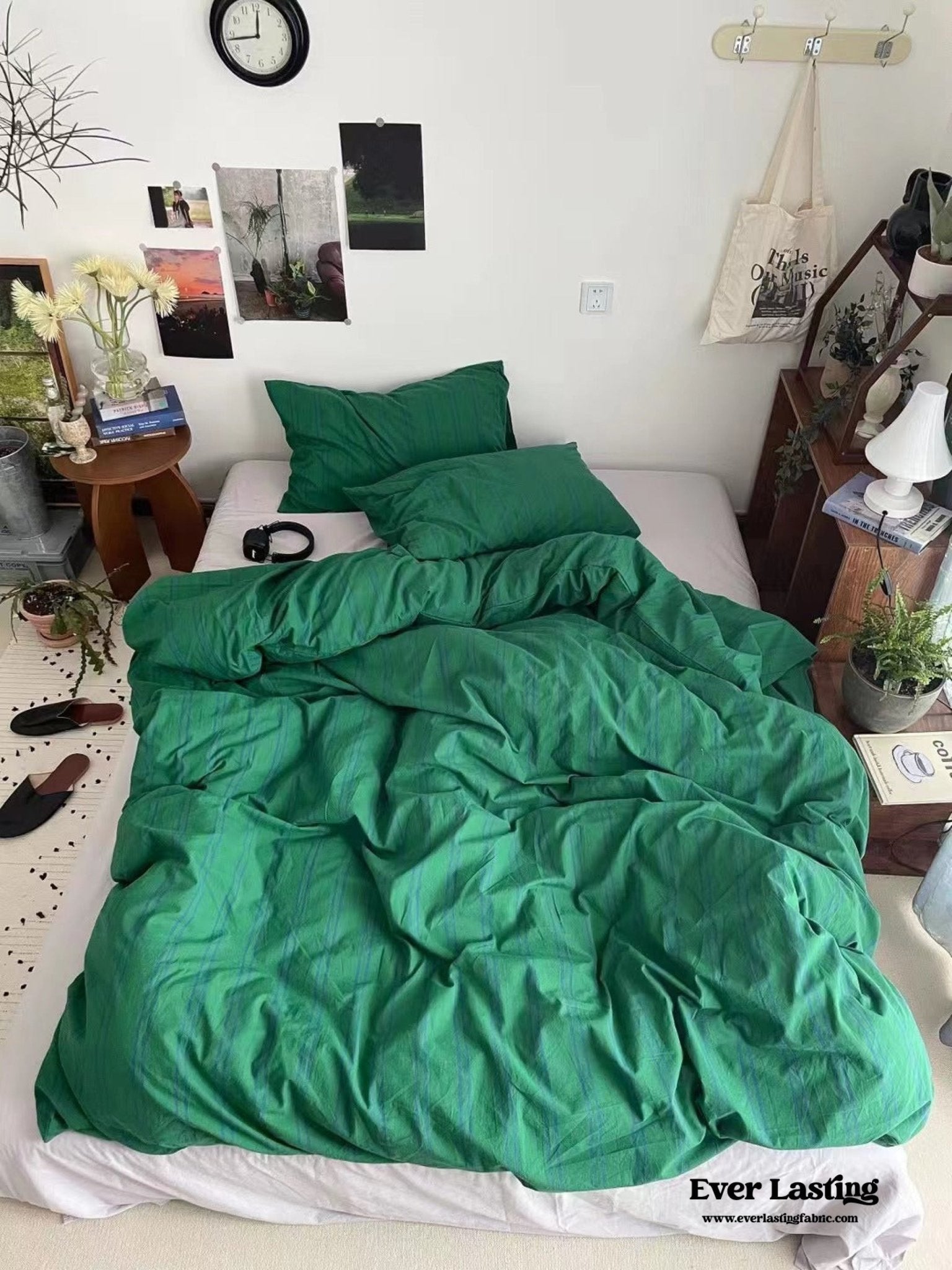 Minimal Vintage Stripe Bedding Set / Olive Green