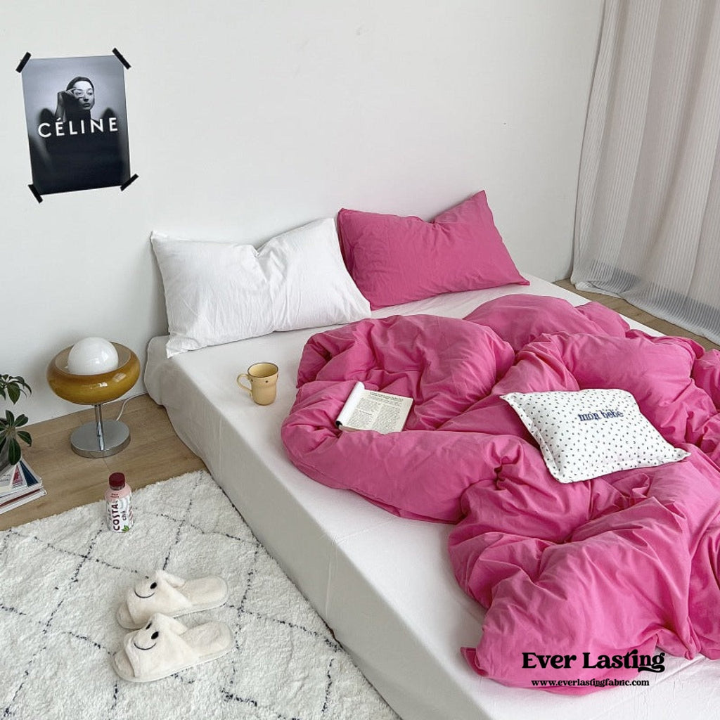 Mixed Color Washed Cotton Bedding Set / Baby Pink + White