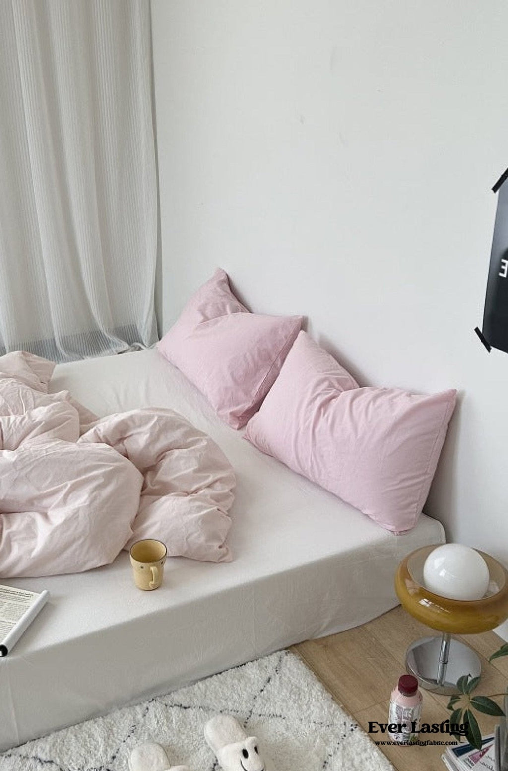 Mixed Color Washed Cotton Bedding Set / Baby Pink + White