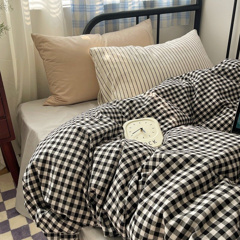 Mixed Gingham Striped Bedding Set / Black