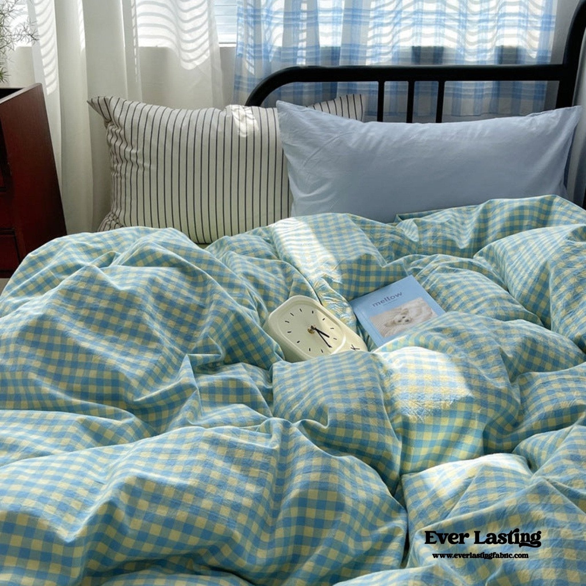 Mixed Gingham Striped Bedding Set / Blue