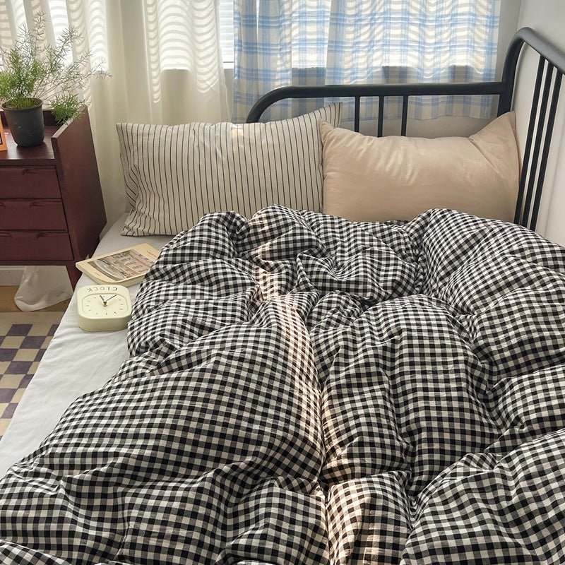 Mixed Gingham Striped Bedding Set / Brown