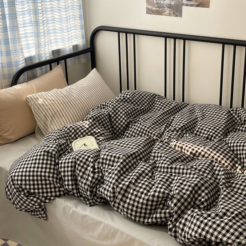 Mixed Gingham Striped Bedding Set / Brown