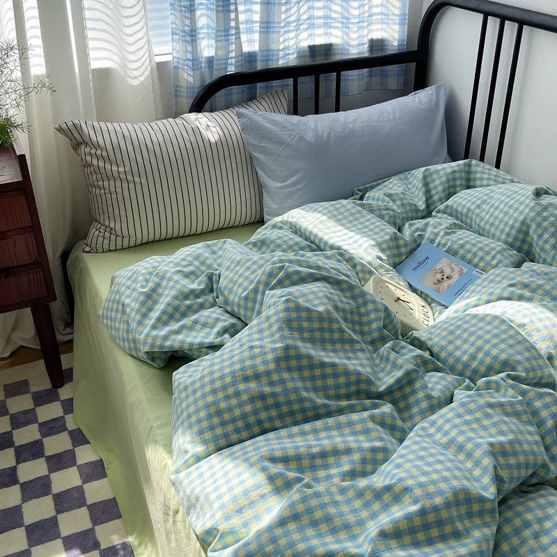 Mixed Gingham Striped Bedding Set / Brown