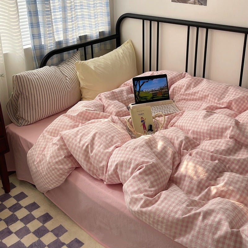 Mixed Gingham Striped Bedding Set / Pink