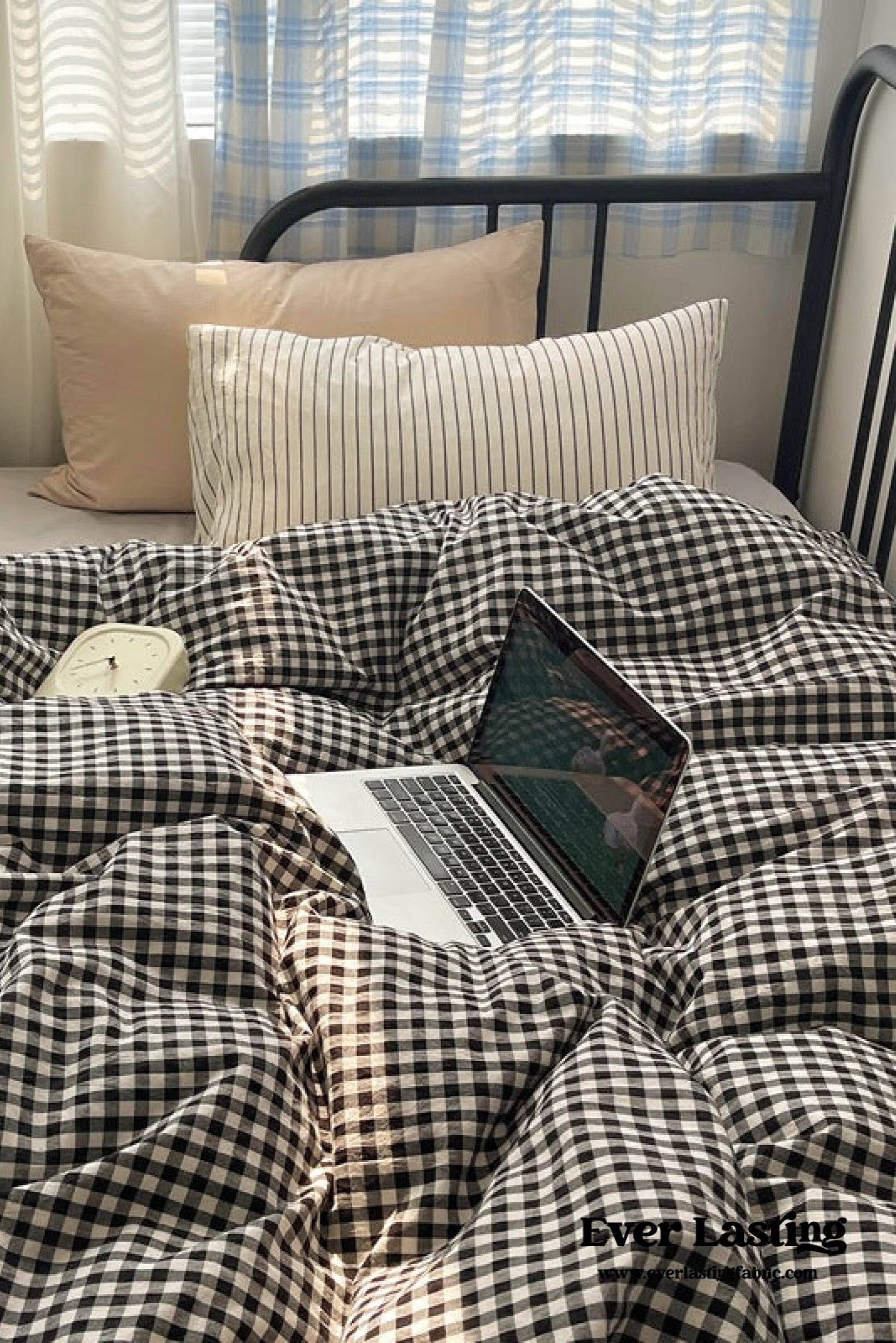 Mixed Gingham Striped Bedding Set / Purple Pink