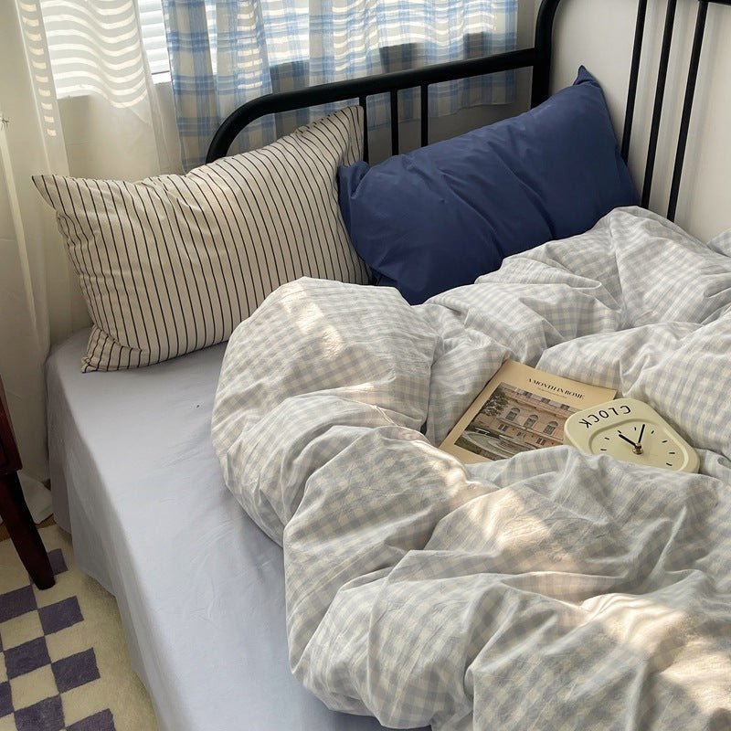 Mixed Gingham Striped Bedding Set / Purple Pink