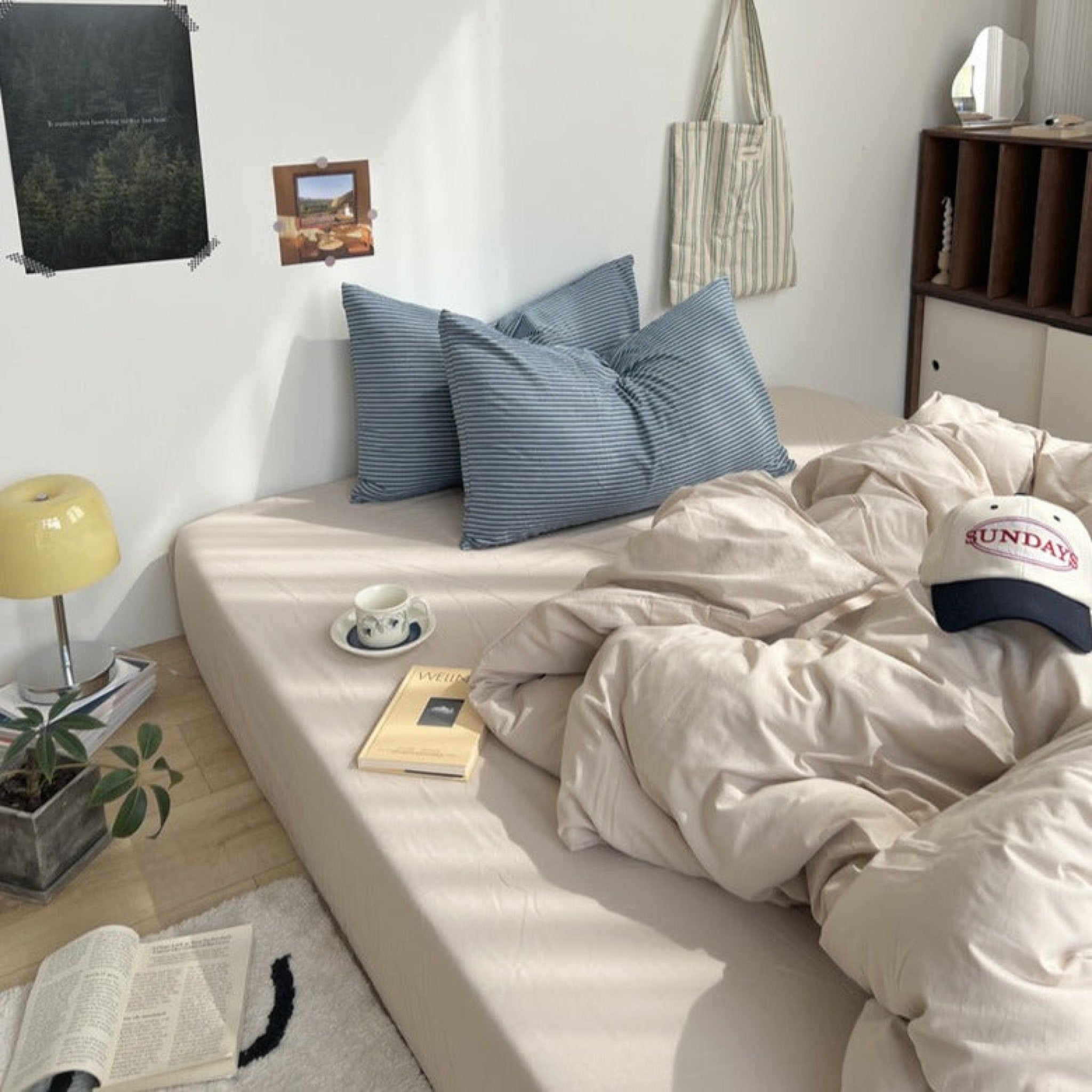 Mixed Stripe Washed Cotton Bedding Set / Blue + Cream