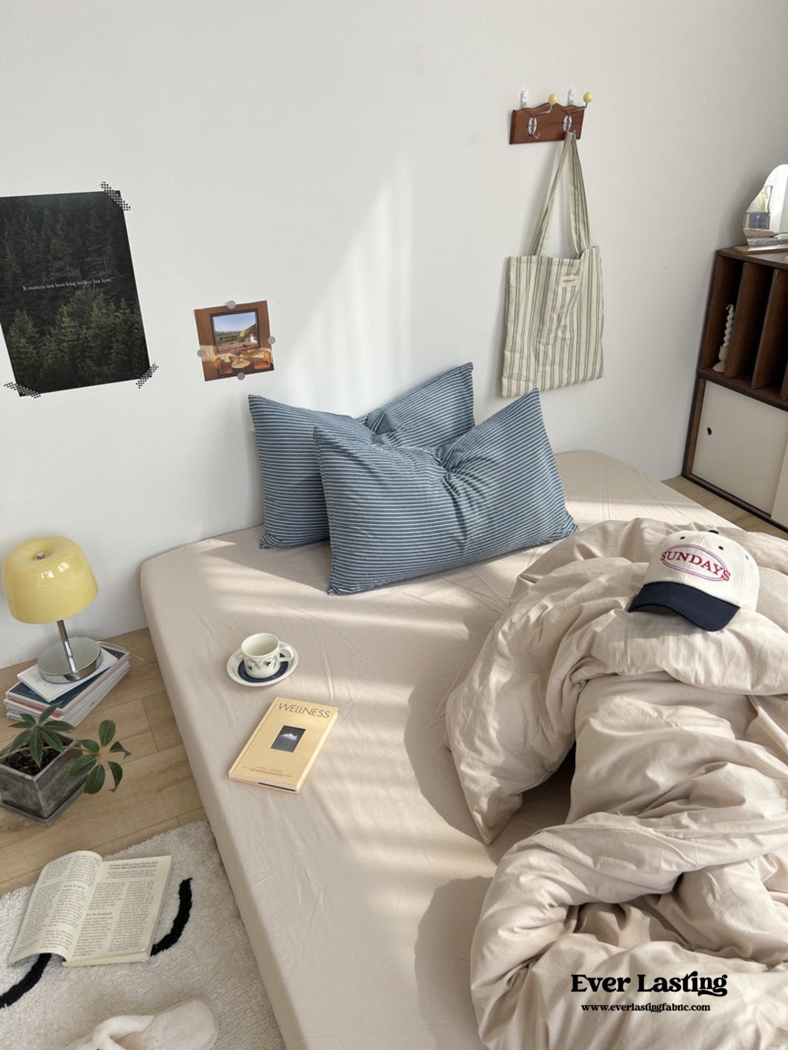 Mixed Stripe Washed Cotton Bedding Set / Blue + Cream