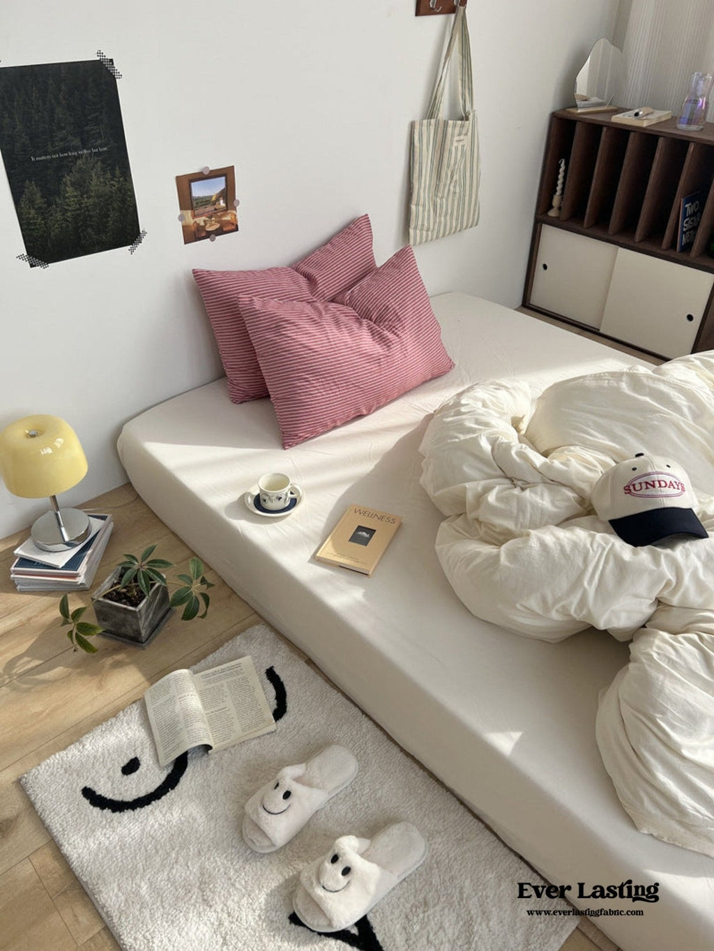 Mixed Stripe Washed Cotton Bedding Set / White + Red