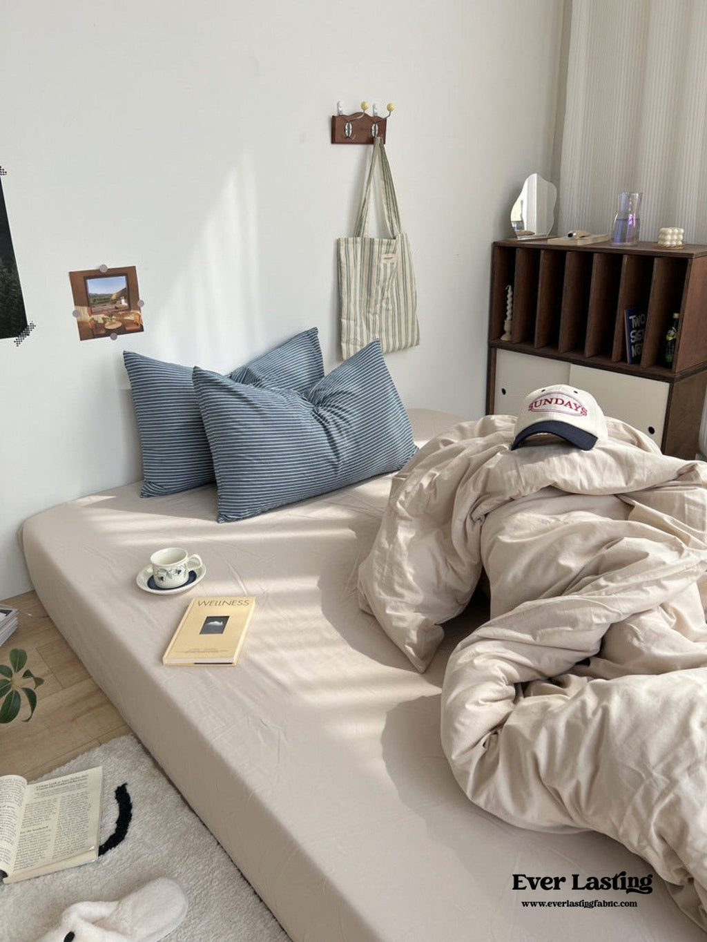 Mixed Stripe Washed Cotton Bedding Set / White + Red