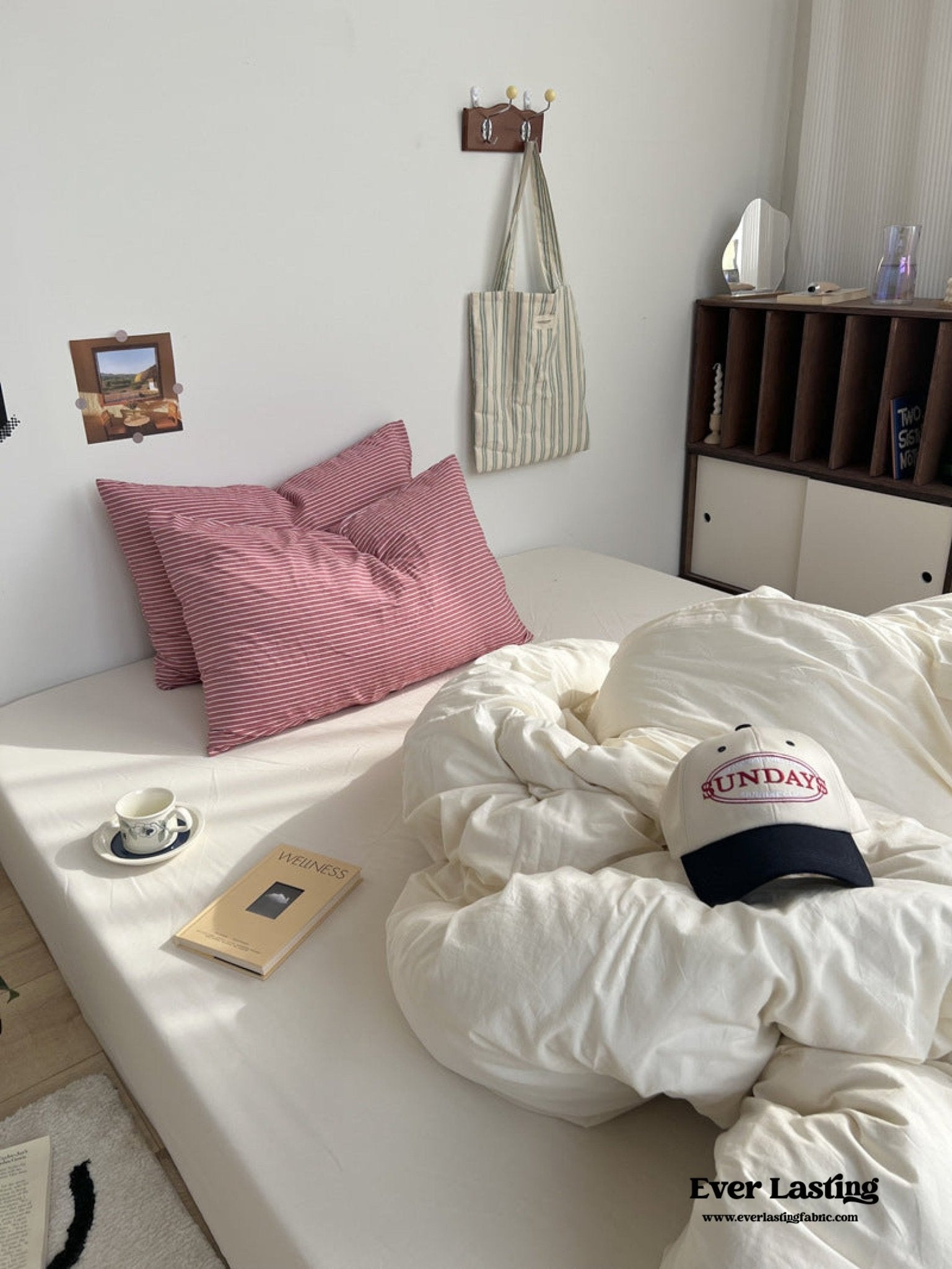 Mixed Stripe Washed Cotton Bedding Set / White + Red