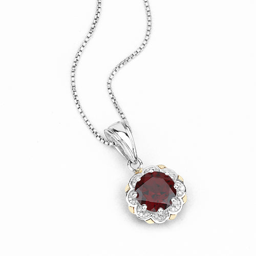 2.32 Carat Genuine Garnet and White Diamond 14K Yellow Gold with .925 Sterling Silver Pendant