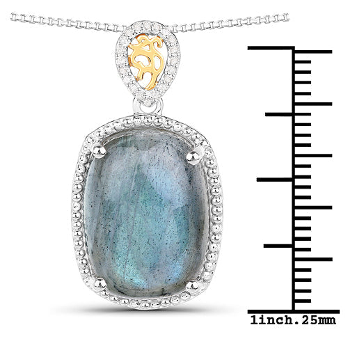 11.05 Carat Genuine Labradorite and White Diamond 14K Yellow Gold with .925 Sterling Silver Pendant